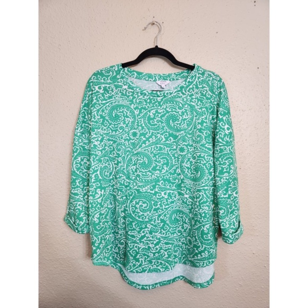 Crown & Ivy Women's Green White Paisley 3/4 Roll Sleeve Blouse Top Size Large